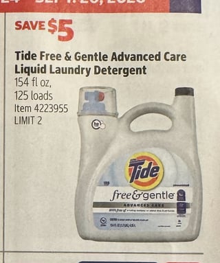 Savings Book panel for Tide Free & Gentle Advanced Care Liquid Laundry Detergent, 154 fl oz, 125 loads
