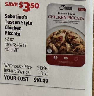 Savings Book panel for Sabatino's Tuscan Style Chicken Piccata