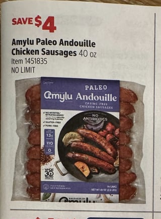 Savings Book panel for Amylu Paleo Andouille Chicken Sausages 40 oz