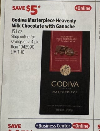 Savings Book panel for Godiva Masterpiece Heavenly Milk Chocolate with Ganache, 15.1 oz