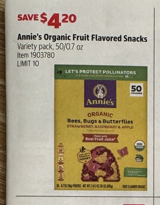 Savings Book panel for Annie's Organic Fruit Flavored Snacks, variety pack, 50/0.7 oz