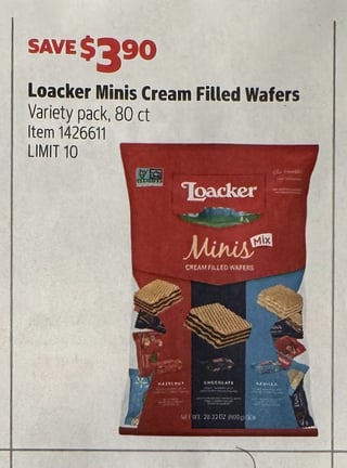 Savings Book panel for Loacker Minis Cream Filled Wafers, variety pack, 80 ct