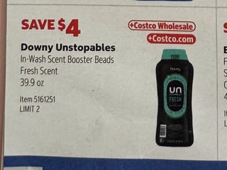 Savings Book panel for Downy Unstopables In-Wash Scent Booster Beads Fresh Scent, 39.9 oz