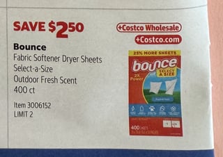 Savings Book panel for Bounce Fabric Softener Dryer Sheets Select-a-Size Outdoor Fresh Scent, 400 ct