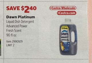 Savings Book panel for Dawn Platinum Liquid Dish Detergent Advanced Power Fresh Scent, 90 fl oz