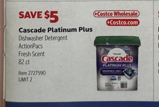 Savings Book panel for Cascade Platinum Plus Dishwasher Detergent ActionPacs Fresh Scent, 82 ct