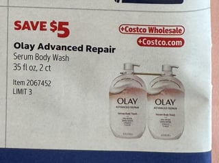 Savings Book panel for Olay Advanced Repair Serum Body Wash, 35 fl oz, 2 ct