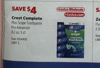 Savings Book panel for Crest Complete Plus Scope Toothpaste Pro Advanced, 8.2 oz, 5 ct
