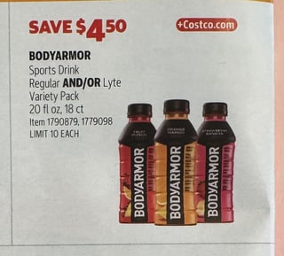 Savings Book panel for BODYARMOR Sports Drink Regular AND/OR Lyte Variety Pack