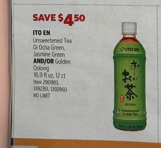 Savings Book panel for ITO EN Unsweetened Tea Oi Ocha Green, Jasmine Green AND/OR Golden Oolong