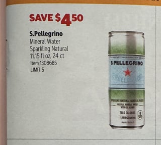 Savings Book panel for S.Pellegrino Mineral Water, Sparkling Natural, 11.15 fl oz, 24 ct