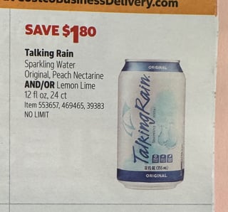 Savings Book panel for Talking Rain Sparkling Water, Original, Peach Nectarine AND/OR Lemon Lime, 12 fl oz, 24 ct
