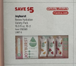 Savings Book panel for Joyburst Renew Hydration Variety Pack, 16.9 fl oz, 18 ct