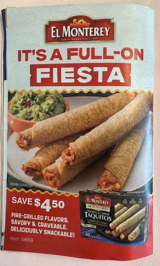 Savings Book panel for El Monterey Mexican Grill Chicken & Cheese Taquitos, 30 ct