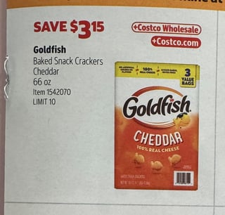 Savings Book panel for Goldfish Baked Snack Crackers Cheddar, 66 oz