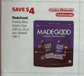 Savings Book panel for MadeGood Granola Bites Variety Pack, 0.85 oz, 24 ct