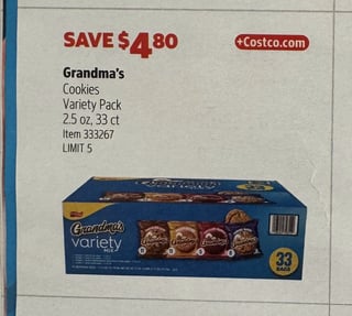 Savings Book panel for Grandma’s Cookies Variety Pack 2.5 oz, 33 ct