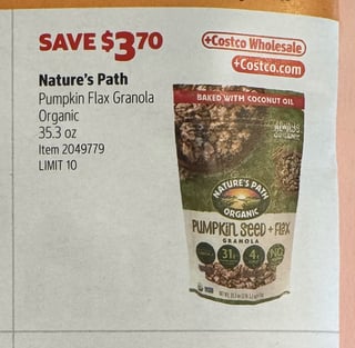 Savings Book panel for Nature’s Path Pumpkin Flax Granola Organic, 35.3 oz