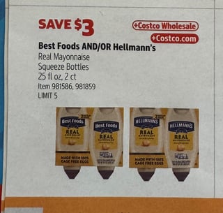 Savings Book panel for Best Foods AND/OR Hellmann’s Real Mayonnaise Squeeze Bottles, 25 fl oz, 2 ct