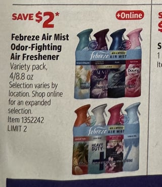 Savings Book panel for Febreze Air Mist Odor-Fighting Air Freshener, variety pack, 4/8.8 oz