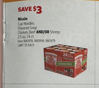 Savings Book panel for Nissin Cup Noodles Flavored Soup, Chicken, Beef AND/OR Shrimp, 2.5 oz, 24 ct