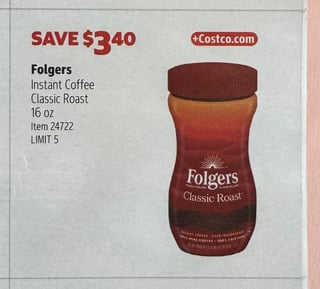 Savings Book panel for Folgers Instant Coffee Classic Roast, 16 oz