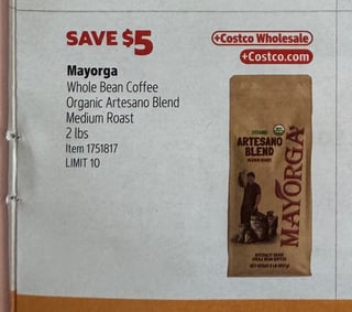 Savings Book panel for Mayorga Whole Bean Coffee Organic Artesano Blend Medium Roast, 2 lbs