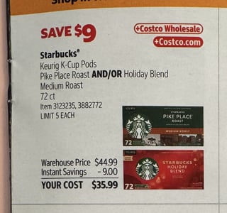 Savings Book panel for Starbucks Keurig K-Cup Pods, Pike Place Roast AND/OR Holiday Blend Medium Roast, 72 ct