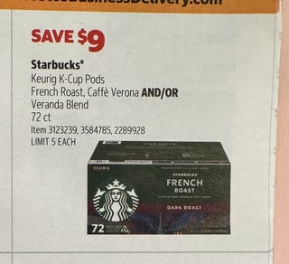Savings Book panel for Starbucks Keurig K-Cup Pods, French Roast, Caffè Verona AND/OR Veranda Blend, 72 ct