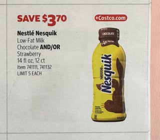 Savings Book panel for Nestlé Nesquik Low-Fat Milk, Chocolate AND/OR Strawberry, 14 fl oz, 12 ct