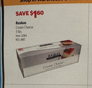 Savings Book panel for Raskas Cream Cheese, 3 lbs