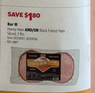 Savings Book panel for Bar M Honey Ham AND/OR Black Forest Ham Sliced, 2 lbs