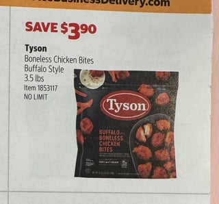 Savings Book panel for Tyson Boneless Chicken Bites Buffalo Style, 3.5 lbs
