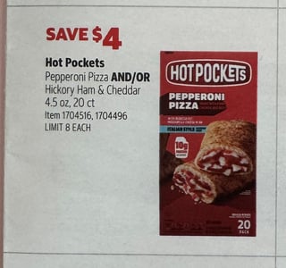 Savings Book panel for Hot Pockets Pepperoni Pizza AND/OR Hickory Ham & Cheddar, 4.5 oz, 20 ct