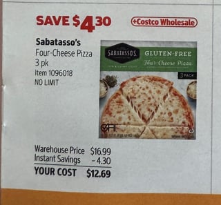 Savings Book panel for Sabatasso’s Four-Cheese Pizza, 3 pk