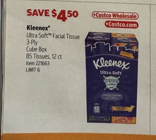 Savings Book panel for Kleenex Ultra Soft Facial Tissue, 3-Ply Cube Box, 85 Tissues, 12 ct