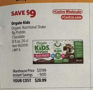 Savings Book panel for Orgain Kids Organic Nutritional Shake, 8g Protein, Chocolate, 8 fl oz, 24 ct