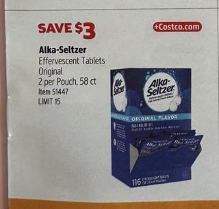 Savings Book panel for Alka-Seltzer Effervescent Tablets, Original, 2 per Pouch, 58 ct