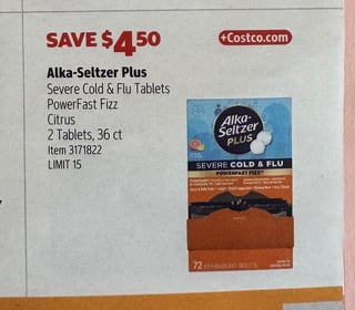 Savings Book panel for Alka-Seltzer Plus Severe Cold & Flu Tablets, PowerFast Fizz Citrus, 2 Tablets, 36 ct