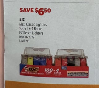 Savings Book panel for BIC Maxi Classic Lighters 100 ct + 4 Bonus EZ Reach Lighters