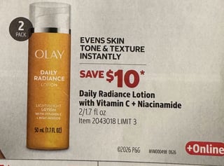Savings Book panel for Olay Daily Radiance Lotion with Vitamin C + Niacinamide, 2/1.7 fl oz
