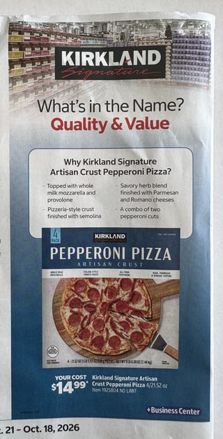 Savings Book panel for Kirkland Signature Artisan Crust Pepperoni Pizza 4/21.52 oz