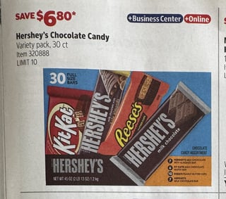 Savings Book panel for Hershey’s Chocolate Candy Variety pack, 30 ct