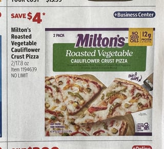 Savings Book panel for Milton’s Roasted Vegetable Cauliflower Crust Pizza, 2/17.8 oz
