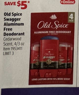 Savings Book panel for Old Spice Swagger Aluminum Free Deodorant, Cedarwood Scent, 4/3 oz