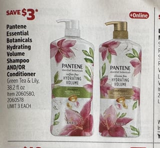 Savings Book panel for Pantene Essential Botanicals Hydrating Volume Shampoo and/or Conditioner, Green Tea & Lily, 38.2 fl oz