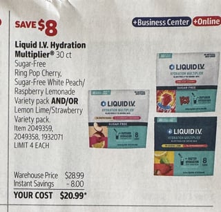 Savings Book panel for Liquid I.V. Sugar-Free Hydration Multiplier Ring Pop Cherry, 30 ct