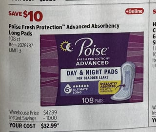 Savings Book panel for Poise Fresh Protection Advanced Absorbency Long Pads, 108 ct