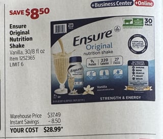 Savings Book panel for Ensure Original Nutrition Shake