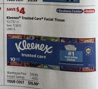 Savings Book panel for Kleenex Trusted Care Facial Tissue